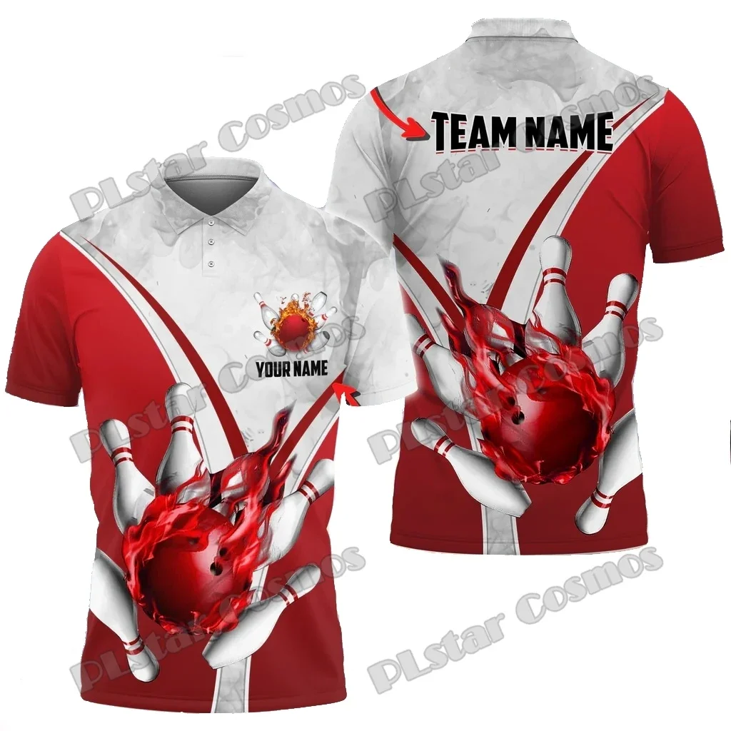 Flame Bowling And Pins Multicolor Customized Name 3D Printed Men's Polo Shirts Summer Casual Unisex Premium Polo Shirt PLP68