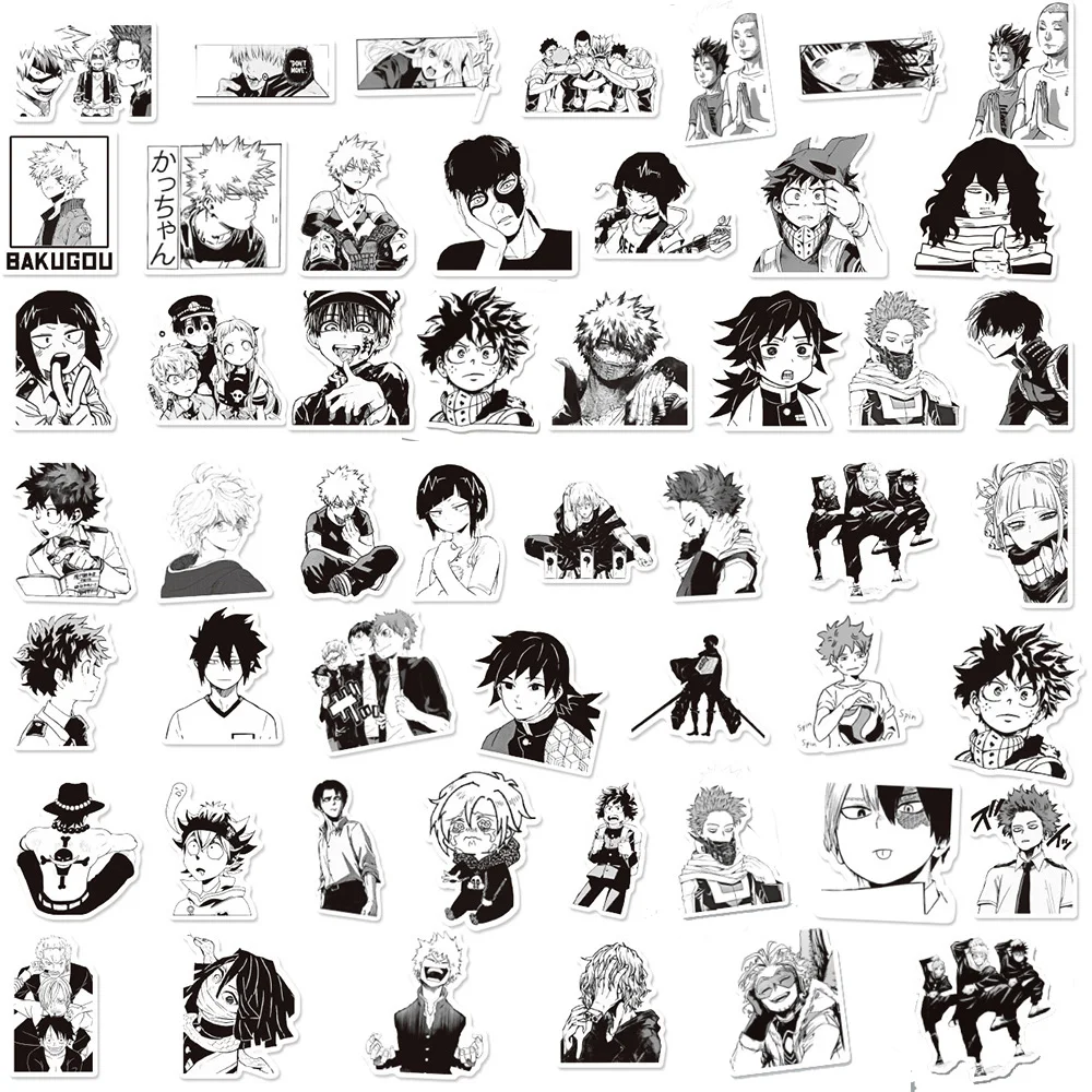10/30/50/100pcs Preto Branco Mix Anime Adesivos My Hero Academy Haikyuu!! Decalques de desenhos animados brinquedo diy laptop bagagem bicicleta adesivo legal