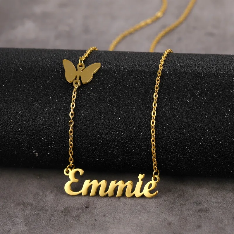 

Personalized Custom Fashion Gold Stainless Steel Name Necklaces for Women Men Customized Necklace Butterfly Pendant Jewelry