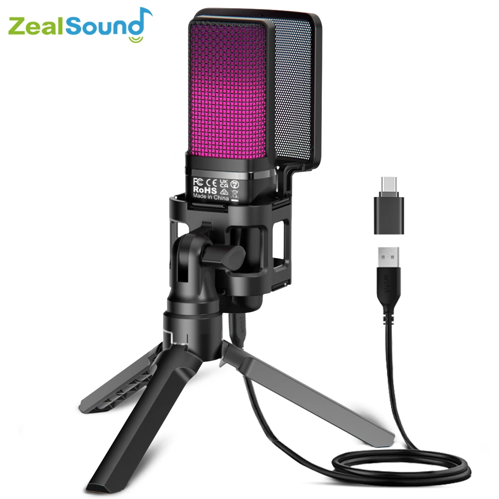 Zealsound-Microphone de jeu à condensateur USB RVB, micro professionnel pour ordinateur, PC, PS4, PS5, Mac, téléphone, streaming statique, podcasting