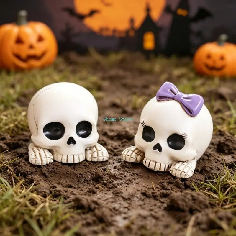 Bowknot Skull Couple Figurine Set, 2 Piece Small Resin Ornaments with Sculpting Design for Halloween Planter, Shelf and M68E
