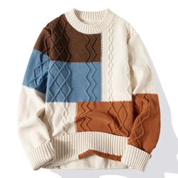 Mens Autumn Winter Warm Sweater Mens Korean Fashion Casual Loose Patchwork O-Neck Knitted Pullover Streetwear Mens Clothing 4XL