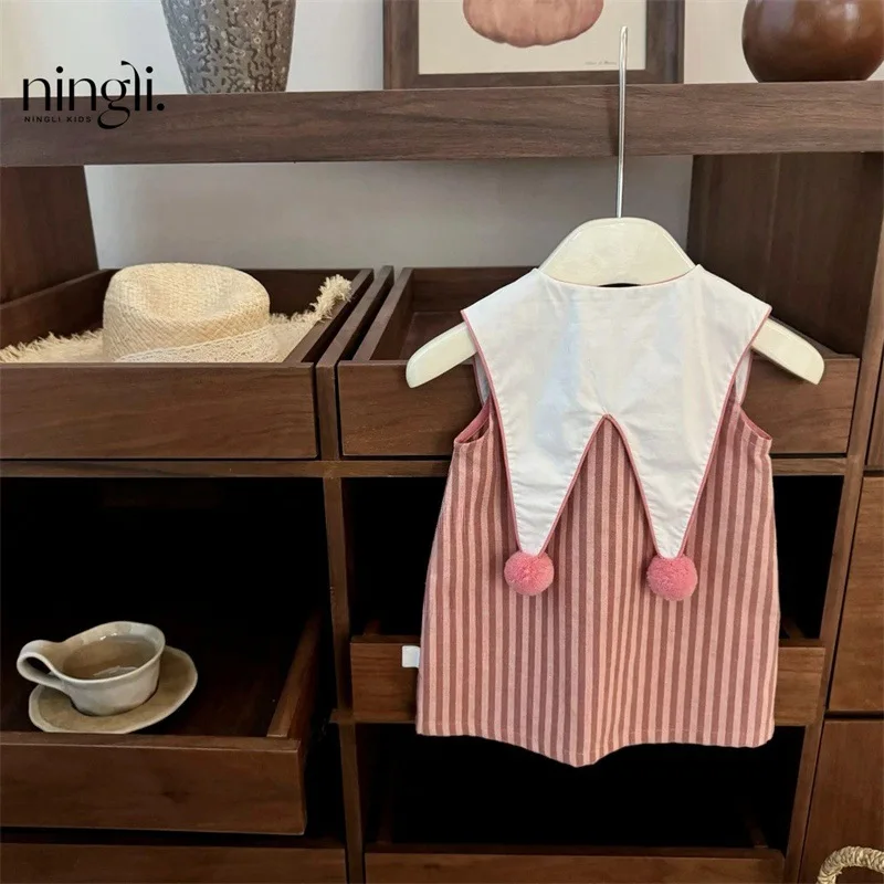 

Super Cute Baby Girl Lapel Ball Striped Sleeveless Dress Summer New College Skirt Fashion Casual