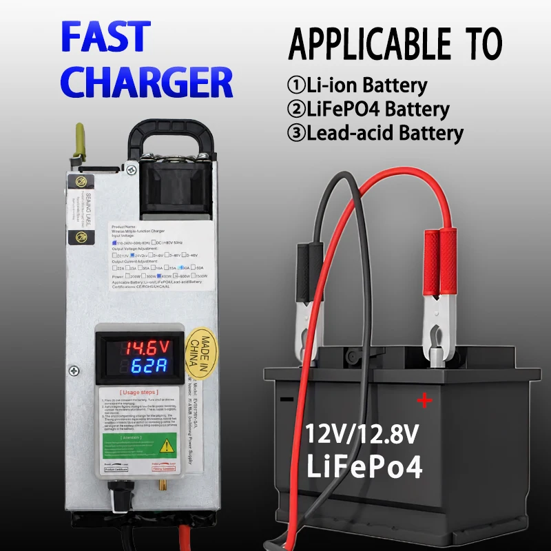 14.6V 20A 40A 62A LiFPO4 Fast Charger, Car Programming Power Supply, RV Charging 3-15V 2-62A Adjustable Voltage Current Charger