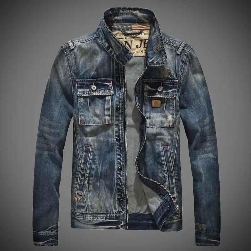 

Autumn men's European and American vintage denim jacket youth zipper large size boutique men's cotton denim jacket