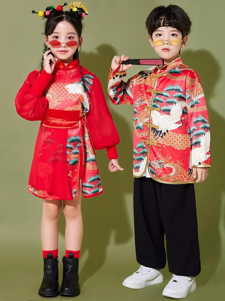 Kids Cheongsam Hanfu Costume Dragon Print Red Tops Black Pants for Girls Boys Chinese Traditional Clothing