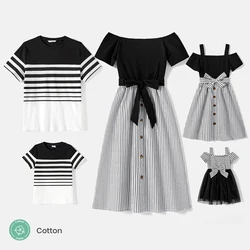 PatPat Family Matching Cotton Striped Short-sleeve T-shirts and Off Shoulder Belted Spliced Dresses Sets