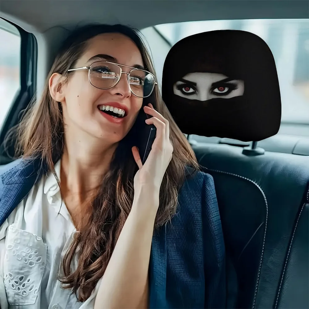 2pcs Mysterious Veil Red-Eyed Girl Printed Car Headrest Covers | Polyester, Knit Fabric, No Padding, Easy to Install and Wash