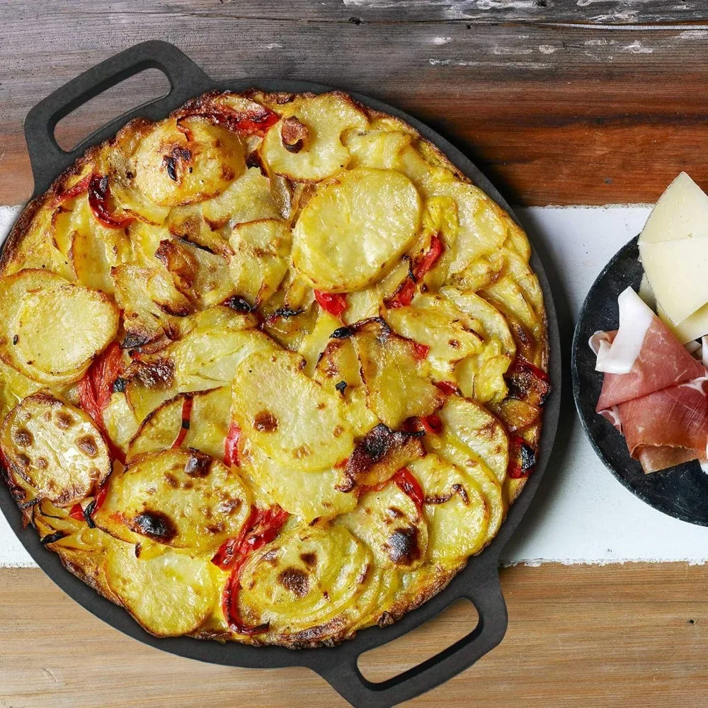 صينية من الحديد الزهر 36 سم، مقبض مزدوج تاوا لروتي، دوسا، التورتيلا، الفطيرة، الطبخ العائلي #4