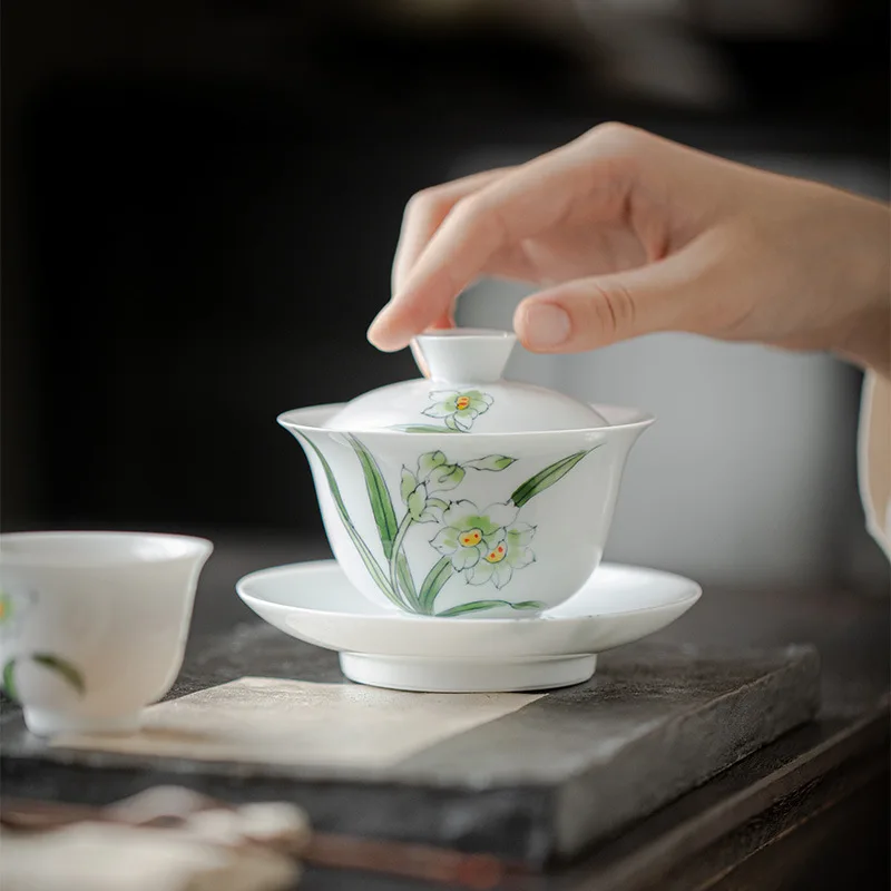 Hand- Ceramic Sancai Kung Fu Tea Set Jade Clay White Porcelain Painted Household Heaven and Earth Gaiwan