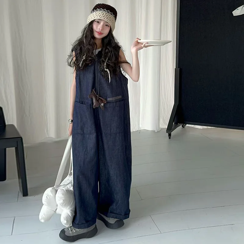 

Kids Girls Autumn Denim Pant Korean Sleeveless Round Neck Pocket Children Girls One-piece Pant Loose Fashion Teenager Girls Jean