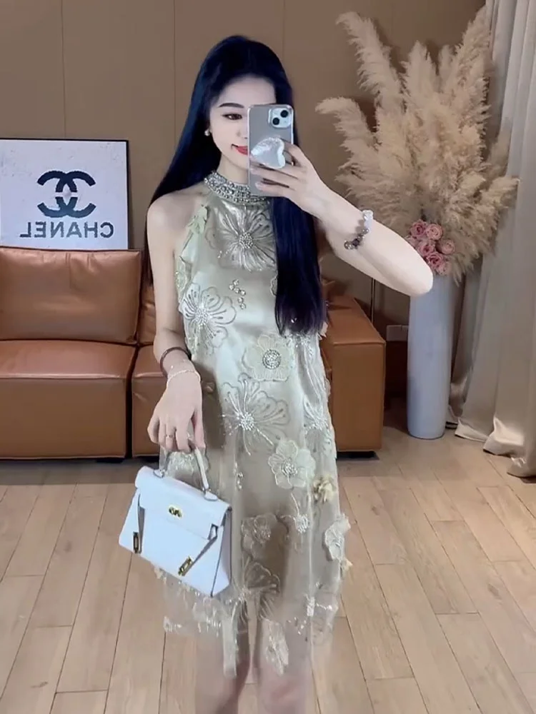 

Champagne Colored Heavy Embellied 3D Flower Me Neline Women's Summer Dr Luxury Sensation Svel ort A-Line Dr