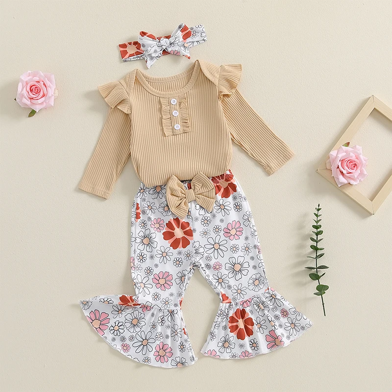 Baby Girls Floral Outfits Long Sleeve Romper Bow Flare Pants Headband Set Newborn Clothes