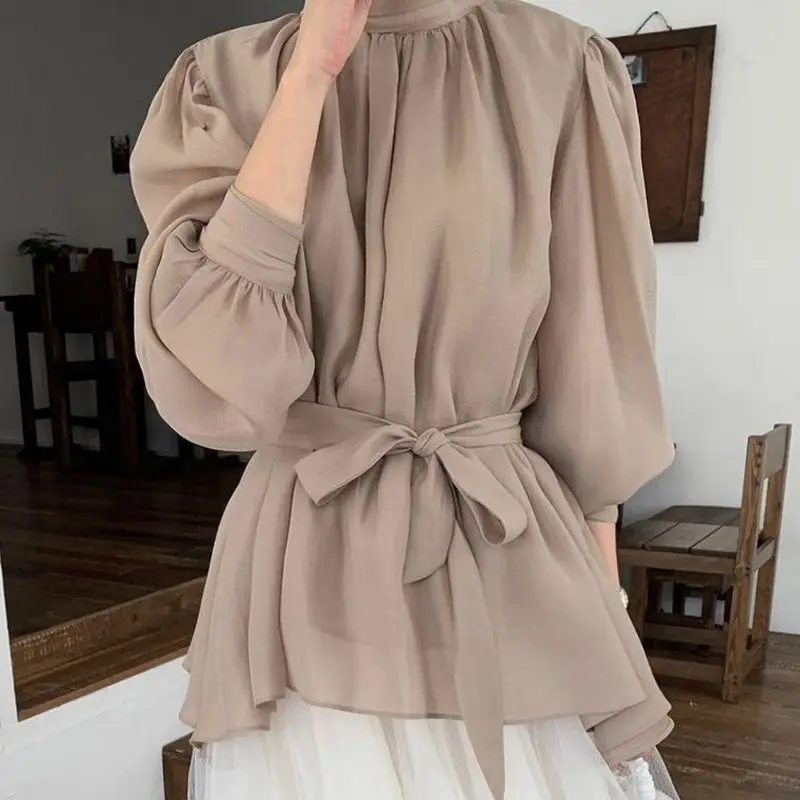 Korean Chic Autumn French Elegant Half High Collar Pleated Design with Lace Up Waist Cinching and Slimming Lantern Sleeve Shirt