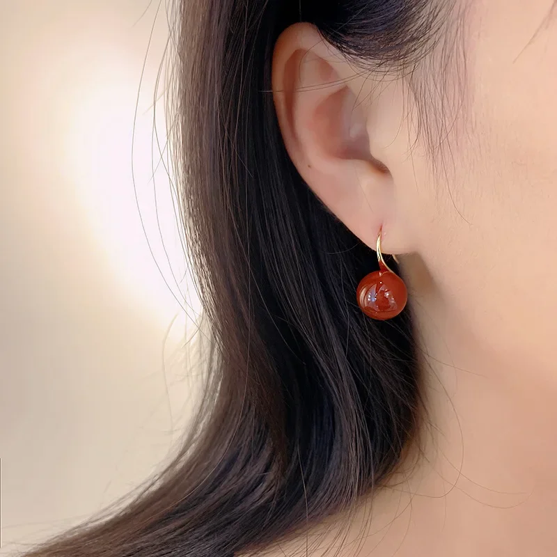 Minar Temperament Red Agate Natural Stone Hook Earring for Women Gold Color Alloy Round Ball Dangle Earrings Every Day Jewelry