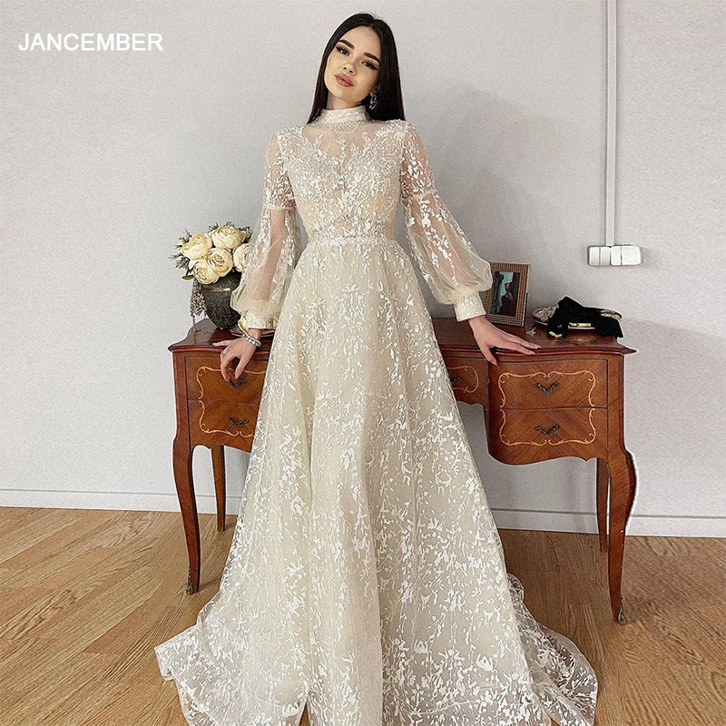 

Scz038 Jancember Elegant Beige Lace Muslim Evening Dress Luxury Dubai Beaded Long Sleeve Arabic Women Wedding Party Formal Gown