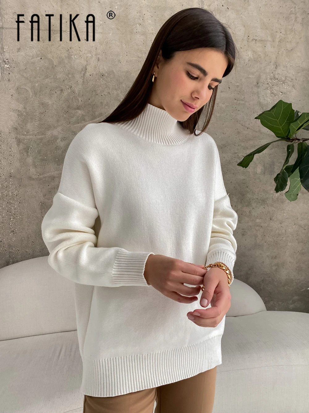 

Fatika Women Sweater Turtleneck Pullover Knitted OL Casual Knitwear Autumn Winter Warm Thick Jumpers