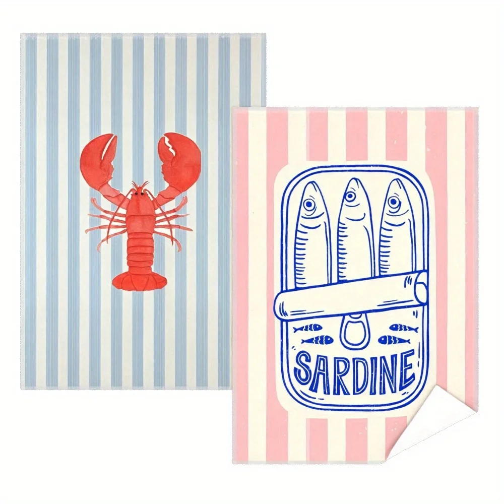2Pcs, Retro Striped Kitchen Towels with Lobster and Sardine Designs, 40Cm*60Cm Towel Set, Super Absorbent Soft Cleaning Cloth, Cooking and Baking Tea Towel, Hand Towel, Cleaning Cloth, Dishcloth, Kitchen Decoration, Living Room Decoration, Kitchen Essentials, Home Essentials