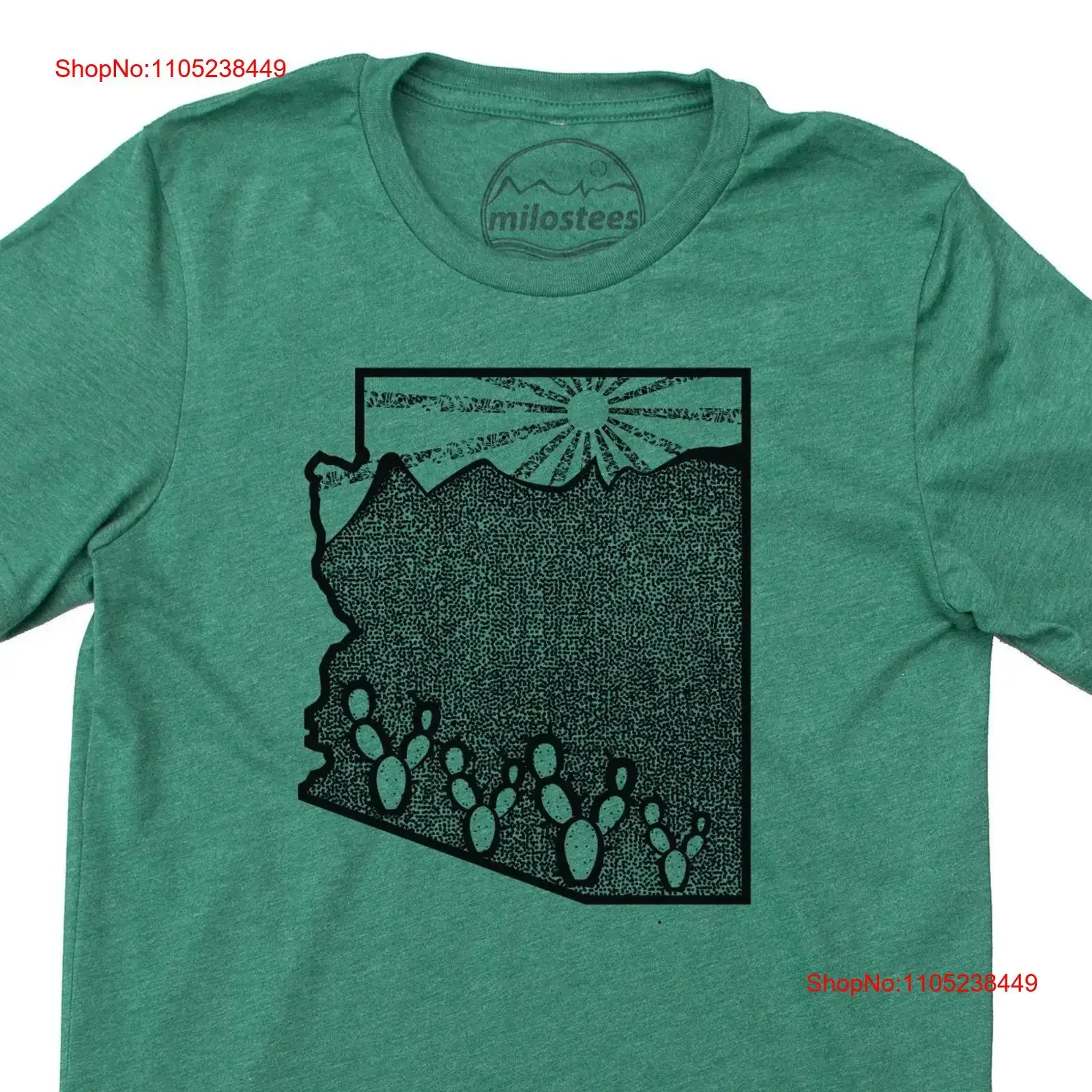 Arizona Home T Shirt desert landscape with mountains setting sun and cactus hand printed on a green hue for Sedona wear or Soft