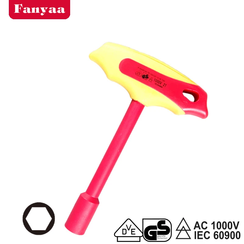 Fanyaa Insulated T-Handle Nut Hex Key Wrench, 4-14mm VDE 1000V Injection Spanner, Electricians Safety Lever, Crv, Anti-Slip Hand