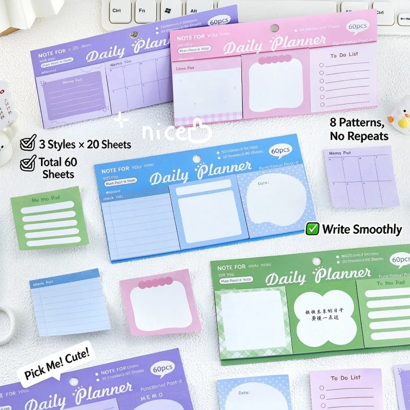 4pcs Daily Planner Sticky Notes, To Do Checklist Memo Pad, Pastel Color Note Paper for Journal School Office Stationery Gift