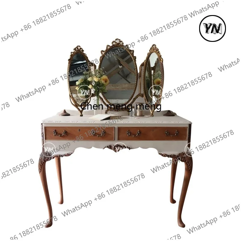 Medieval solid wood makeup table French dresser with mirror with drawer three-sided mirror