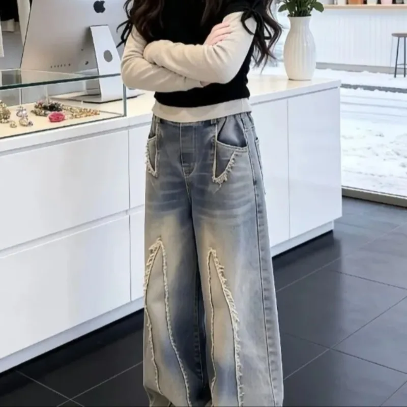 RAISE Spring Kids Girls Jeans Children Girls Wide Leg Pants Casual Patched Young Teenagers Girls Denim Pant 3-14Y Girls Trousers