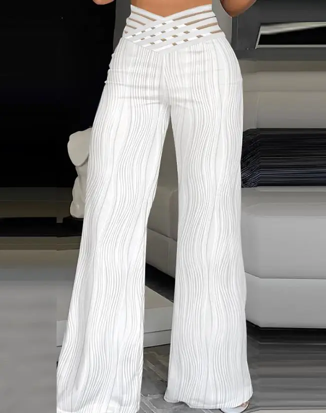 Elegant Women\'s Pants 2023 Summer Fashion New Overlap Waist Textured High Waist Straight Casual Wide Leg Flared Pants Streetwear