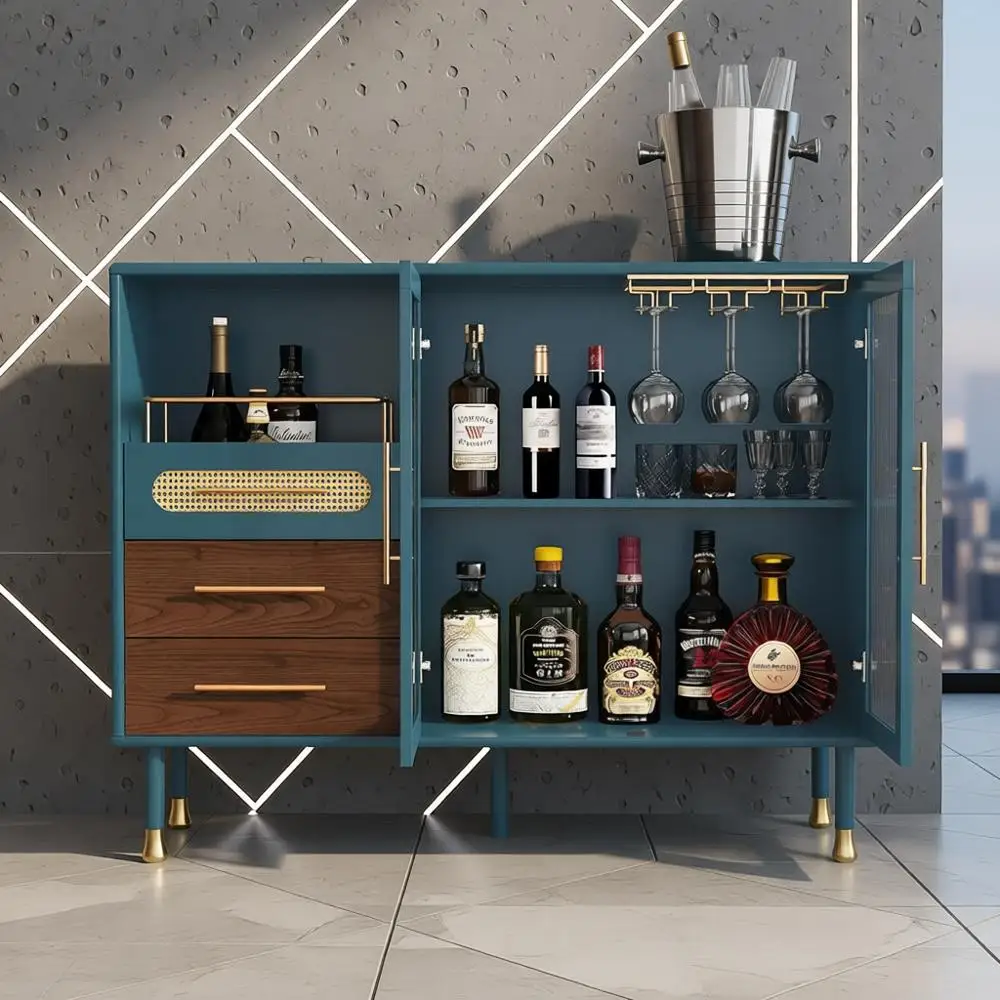 خزانة بار القهوة الحديثة الزرقاء مع رفوف النبيذ والأدراج والتخزين القابل للسحب للمطبخ وتناول الطعام وغرفة المعيشة #1