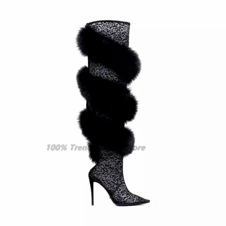 European and American Transparent Lace Hairy Pointed Toe Over Knee Slim Heel Runway Stage Boots Fashionable High Top Boots