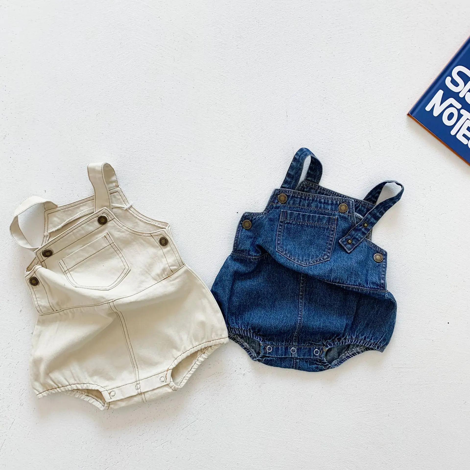 2023 novo no verão infantil recém-nascido meninas meninos sem mangas sólido denim macacão outwear crianças macacões do bebê de algodão bodysuits