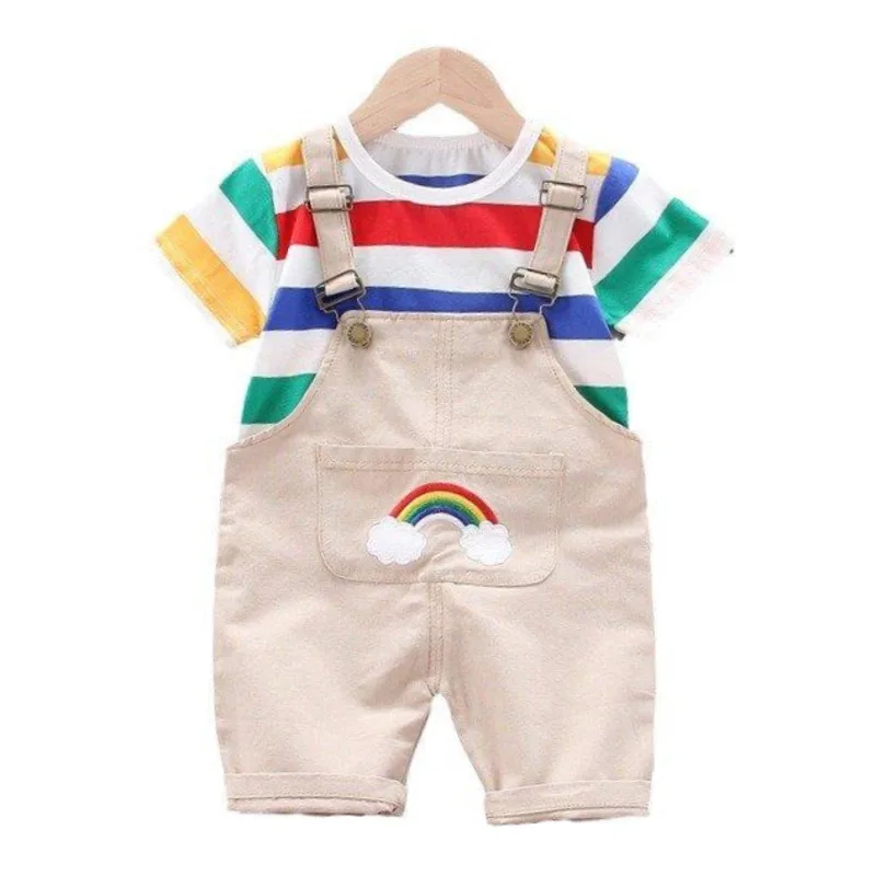 New Summer Baby Girl Clothes Suit Children Boys Striped Fashion T-Shirt Overalls 2Pcs/Set Toddler Casual Costume Kids Tracksuits