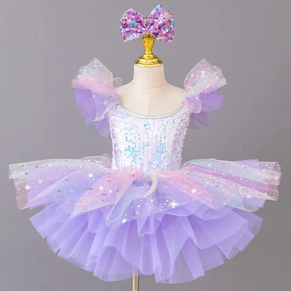 ファッションスパンコールキッズバレエドレスパフパーティードレスバレエチュチュモダンダンスコスチュームダンス