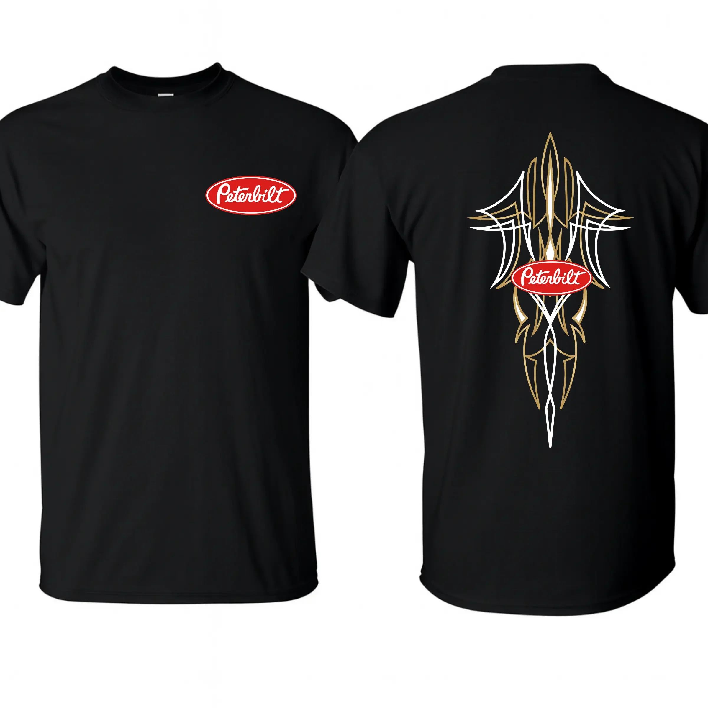 Peterbilt Tribal Logo Tee – Custom Pinstripe Graphic Shirt, Workwear Style, Trucker Gift, Unisex Black Cotton Top, Diesel Culture Wear