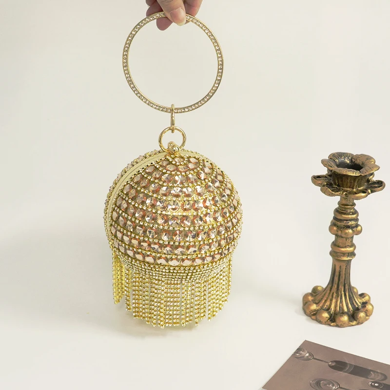 

Fashion Diamond Tassels Round Handbag Ladies Crystal Ball Purse Women Dinner Evening Shiny Rhinestone Clutches Bags