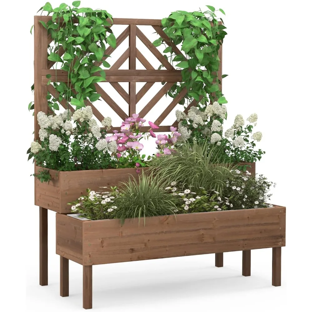 Plant Stand.Raised Garden Bed with Trellis, 2-Tier Wooden Planter Box with Legs and Drain Holes, Garden Trellis for Vine Fruit