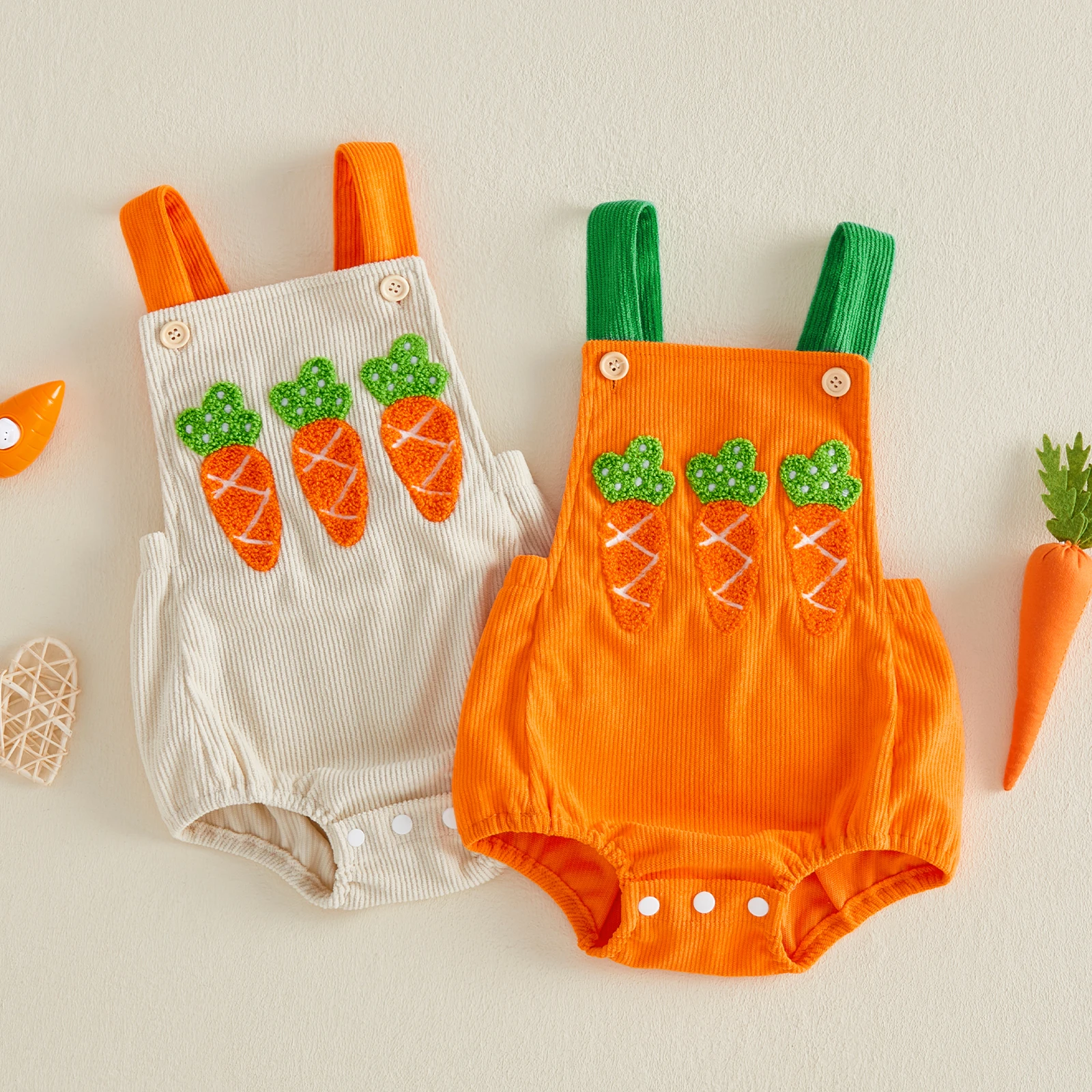 Cute Baby  Easter Clothes Carrot Corduroy Bodysuit Sleeveless Embroidery Carrot Jumpsuits Rompers for Girls Boys