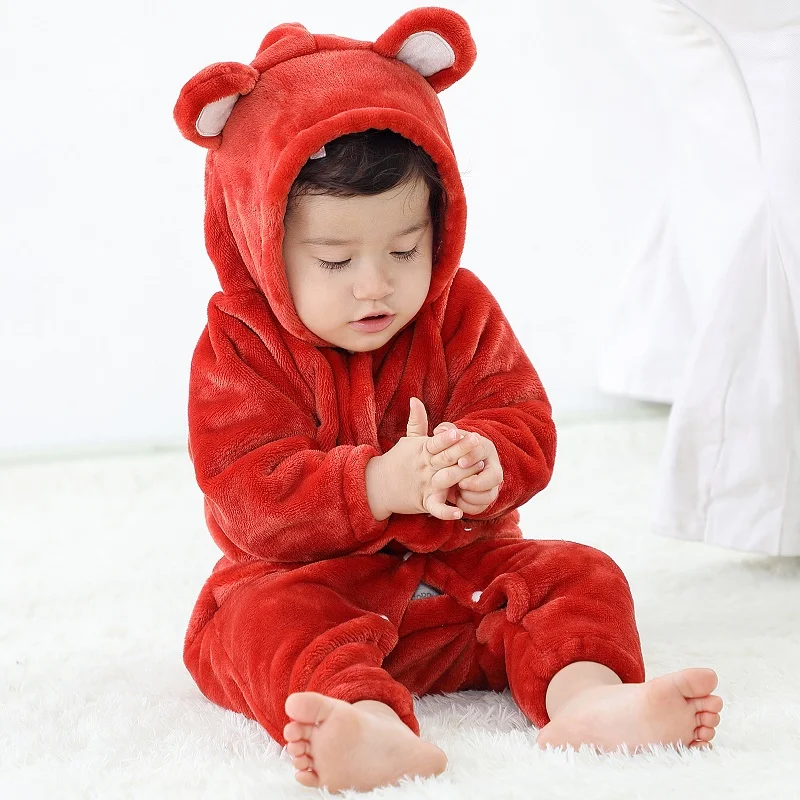 MICHLEY Cute Flannel Baby Rompers Winter Clothes Watm Hooded Toddler Bodysuits Pajamas Jumpsuit Costume For Kids Boys Newborn