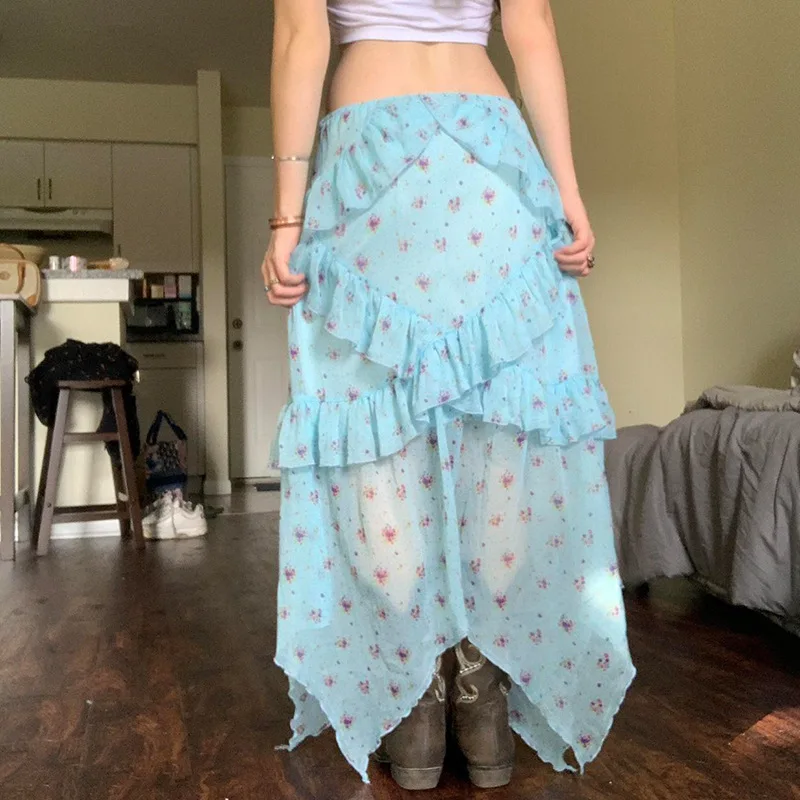 Gonna floreale in rete al mare con desiderio puro per le vacanze sexy Gonna con orlo irregolare a vita bassa con volant