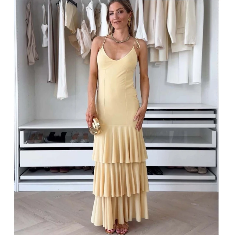 

Летнее платье, женское новое шикарное желтое многослойное элегантное длинное женское платье для путешествий, уличное молодежное модное платье для отдыха и отдыха