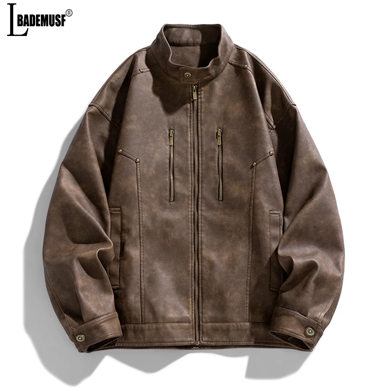 

Spring Autumn Street Leisure Tops Man New Retro Style Locomotive Leather Clothing Jacket Loose Simplicity Flip collar Man Coats