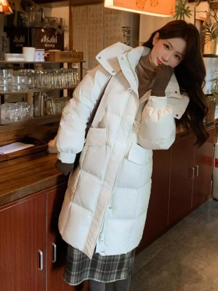 

Korean Women Solid Long Sleeved Versatile Cardigan Down Cotton Coat Winter Single Breasted Thick Warm Hooded Tops Fashion Casual