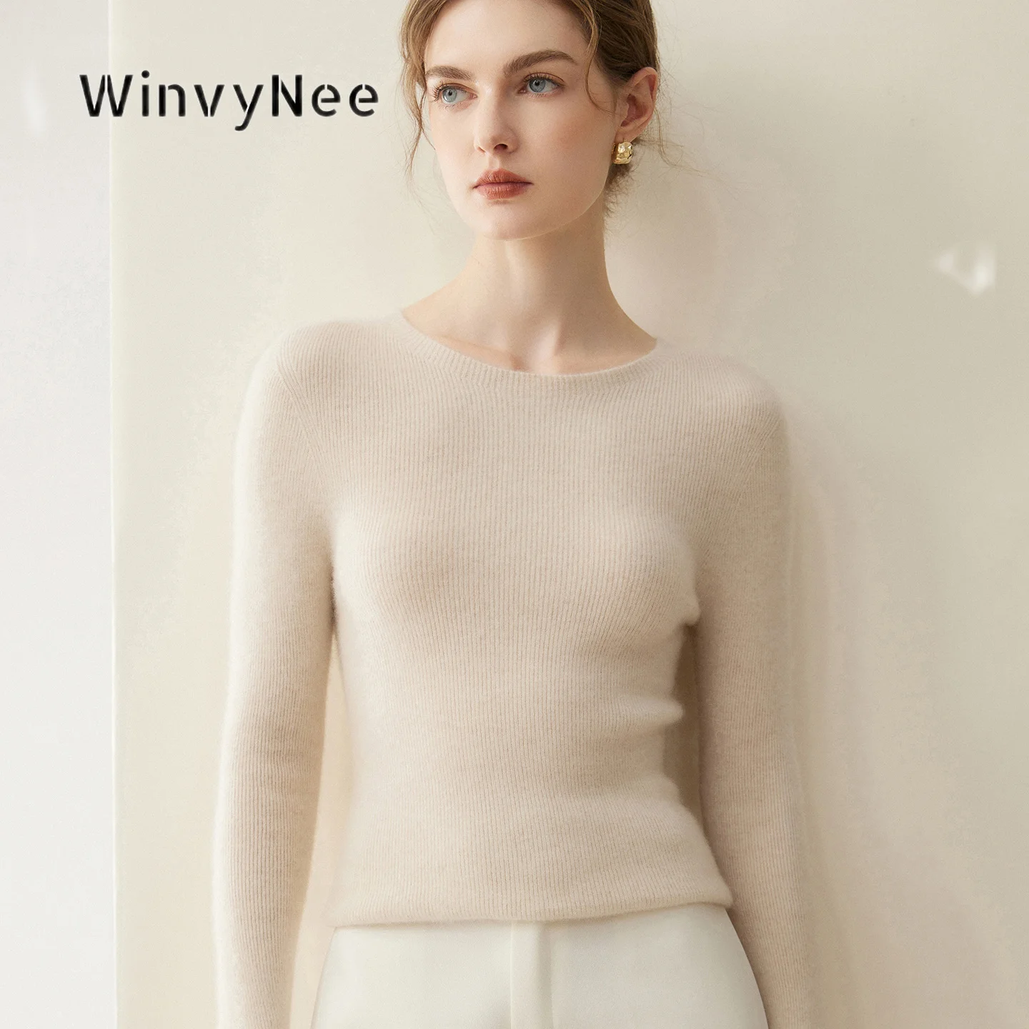 WinvyNee Women 100% Cashmere Figure Flattering Close Fit Knitwear Round Neck Long Sleeve Top Autumn Winter Soft Garment A1244105