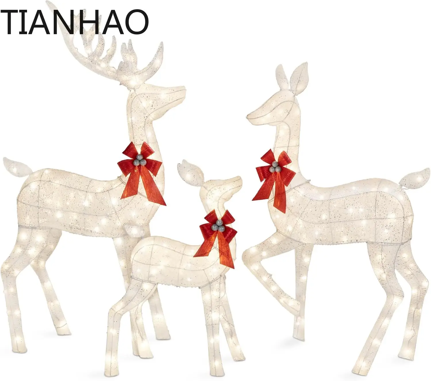 3-Piece Large Lighted Christmas Deer Family Set 6.5ft Outdoor Yard Decoration with 385 LED Lights, Stakes, Zip Ties - White