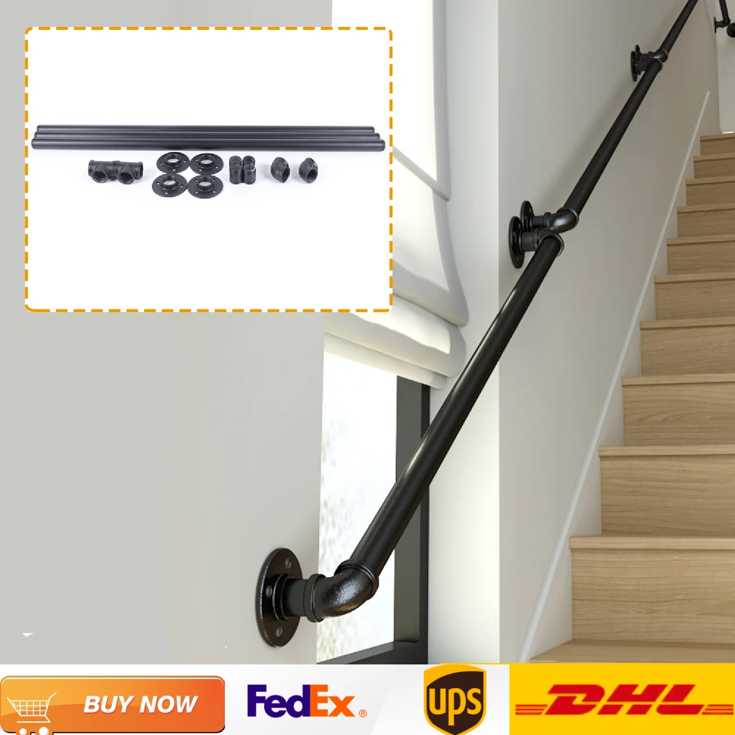 10ft Handrail for Stairs Steps Railing Indoor Outdoor Iron Pipes Handrail 440 LBS Load Capacity Industrial Black