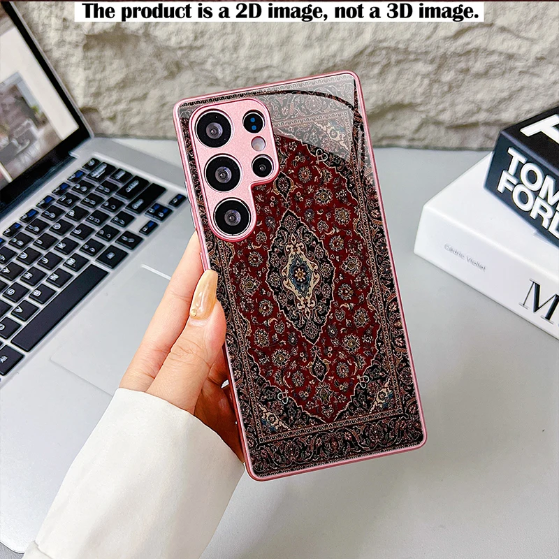Red Persian Rhombus Carpet Pattern Phone Case,2D Print Glass Cover For Samsung S/A Series,Shockproof Shell