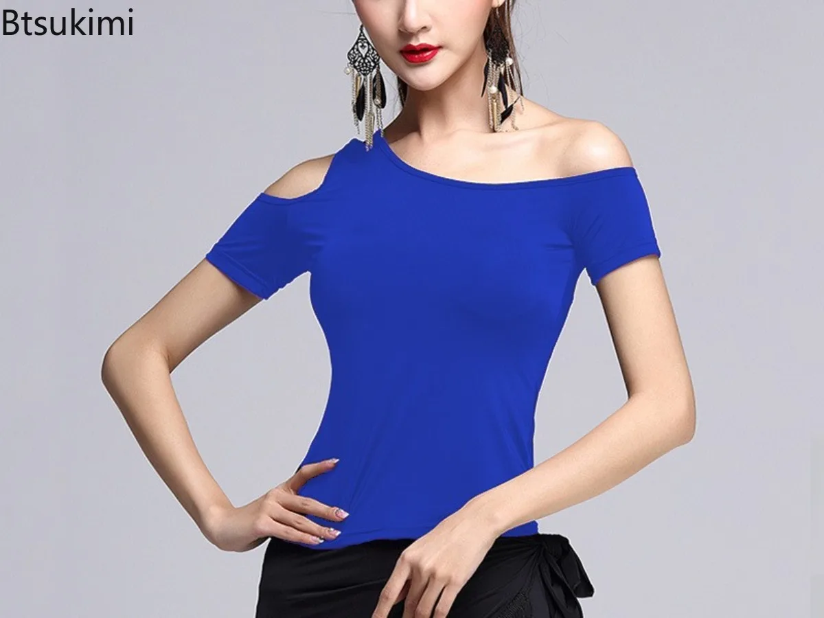 

Топ для латинских танцев, облегающий топ с открытыми плечами и короткими рукавами, сексуальный костюм для латинских бальных танцев, самбы, танго, фламенго, танцевальная практика, футболка, костюм