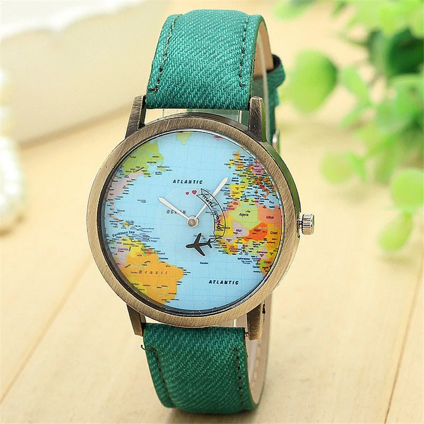 Reloj Mujer Cool Mini World Fashion Quartz Watch Men Unisex Map Airplane Travel Around The World Men Leather Dress Wrist Watch