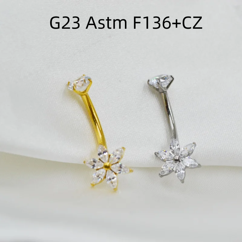 10PCS Body Jewelry-G23 Titanium Astm F136 Flowers CZ Navel Belly Button Bar Body Piercing 14G  Curve Barbells Rings