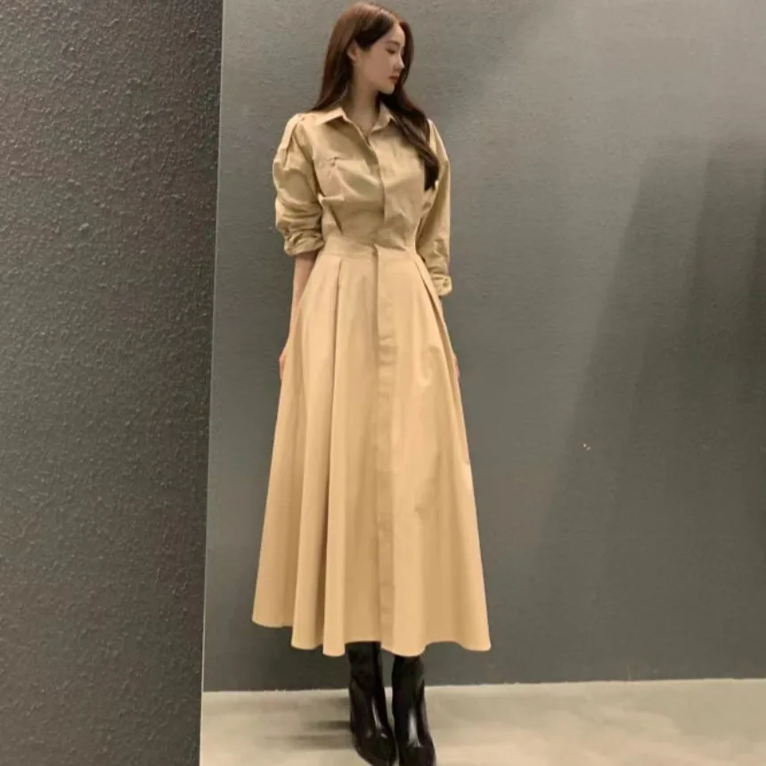 

Chic Spring Shirt Dress Women's Slim Fit Long Sleeve Turn-down Collar Pocket Detail Waist-cinching Korean Style Dress